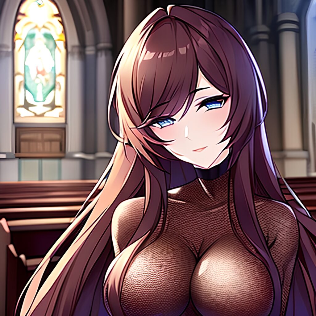 church long hair fishnet brunette woman messy hair