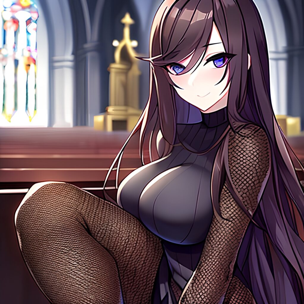church long hair fishnet brunette woman messy hair