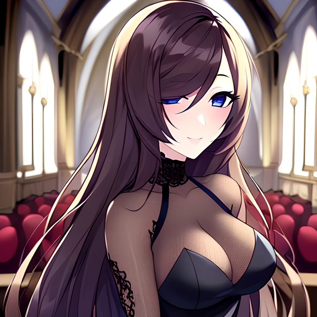 church long hair fishnet messy hair brunette woman 