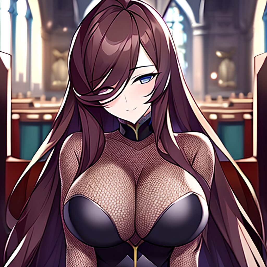 church long hair fishnet messy hair brunette woman