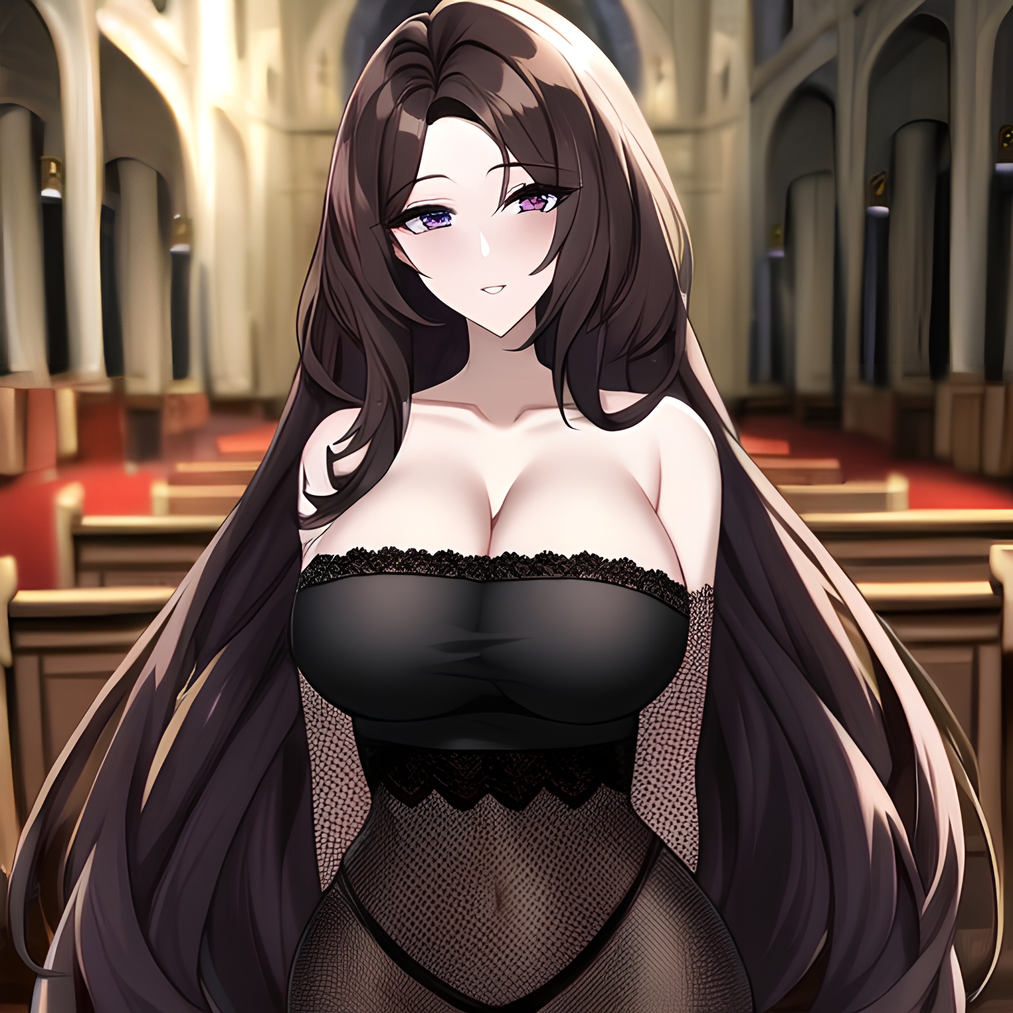 church long hair fishnet messy hair brunette woman