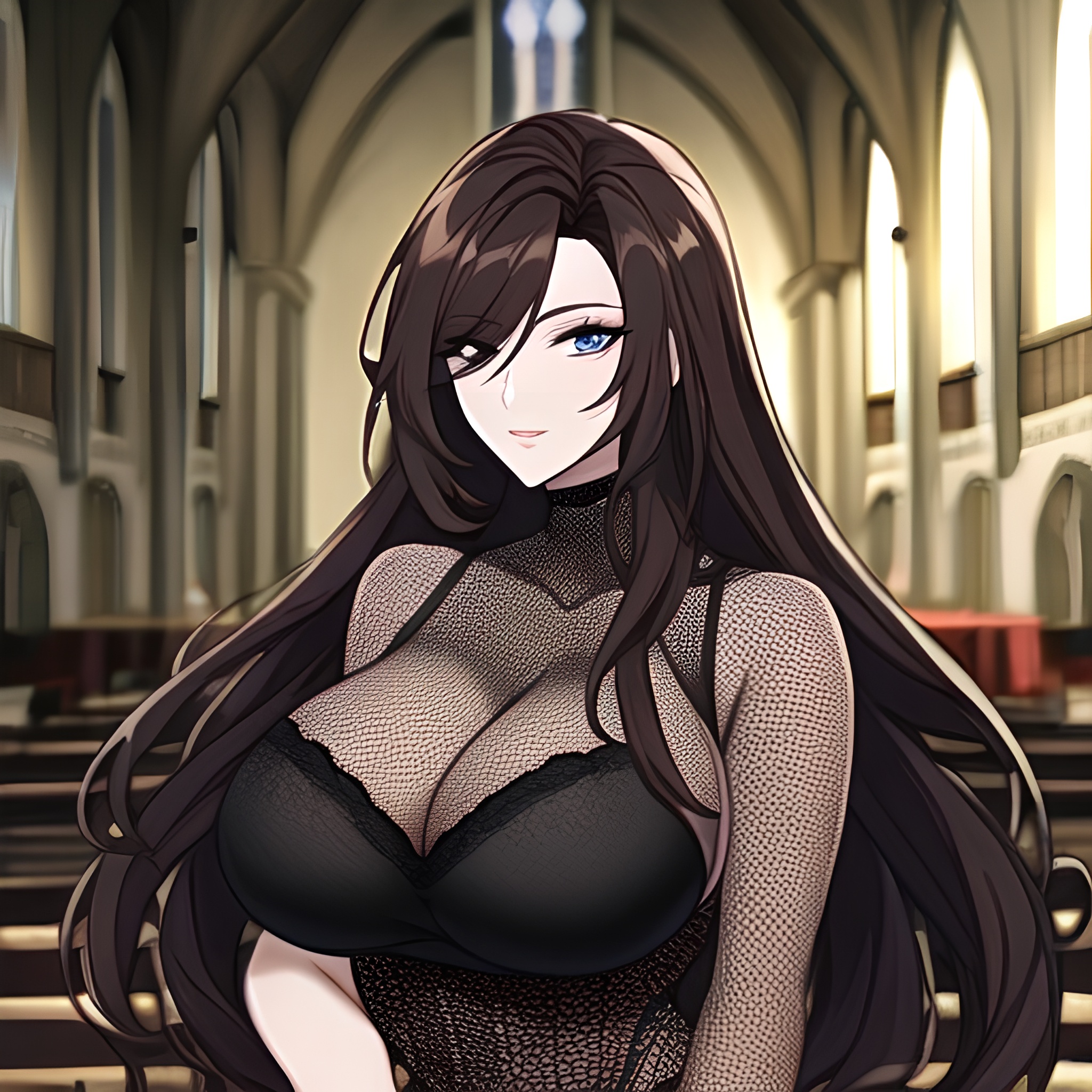 church long hair fishnet messy hair woman brunette 