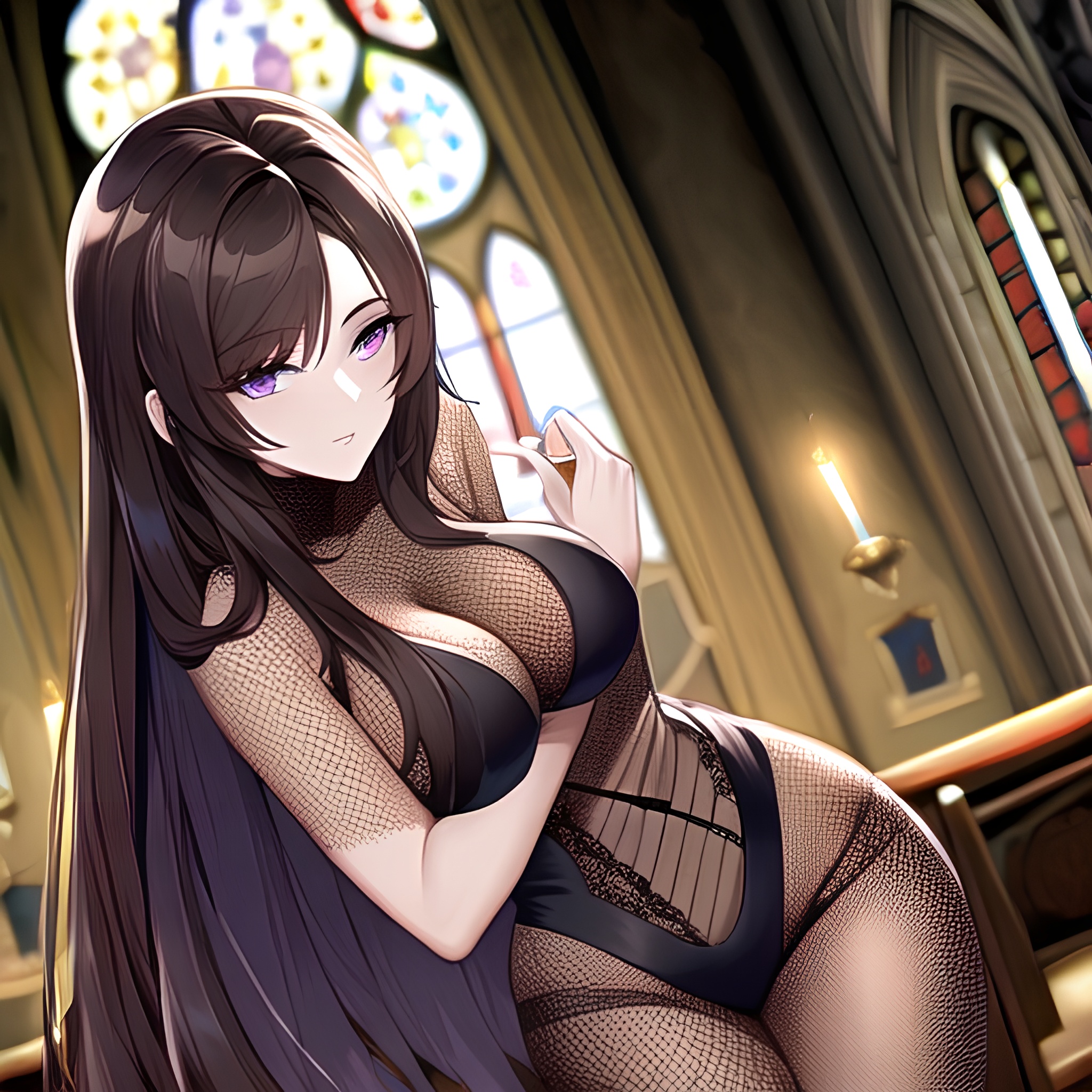 church long hair fishnet messy hair woman brunette