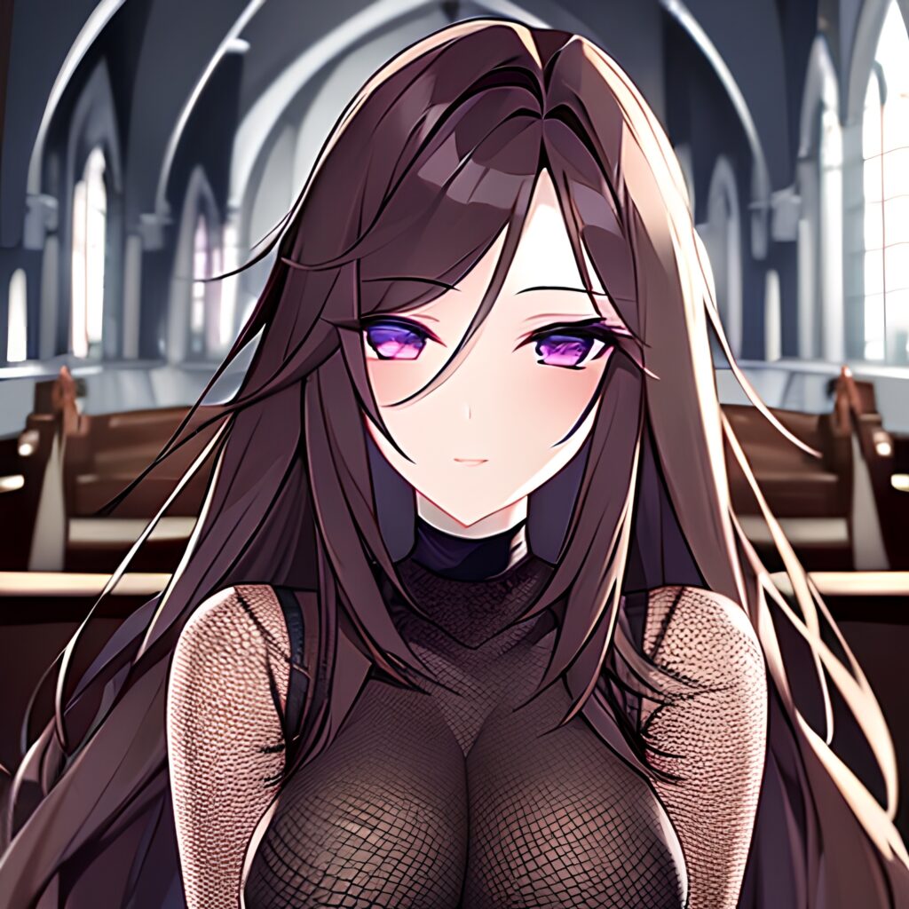church long hair fishnet woman brunette messy hair 