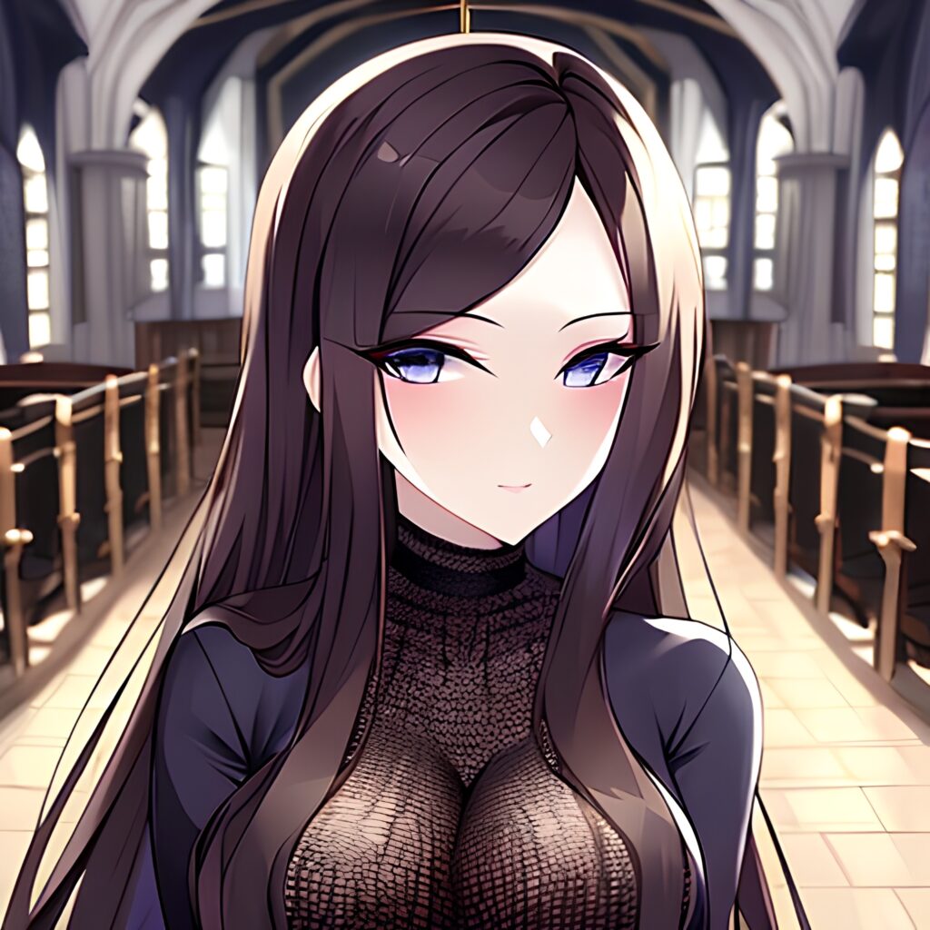 church long hair fishnet woman brunette messy hair