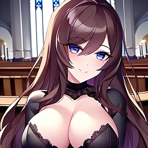 church long hair fishnet woman brunette messy hair