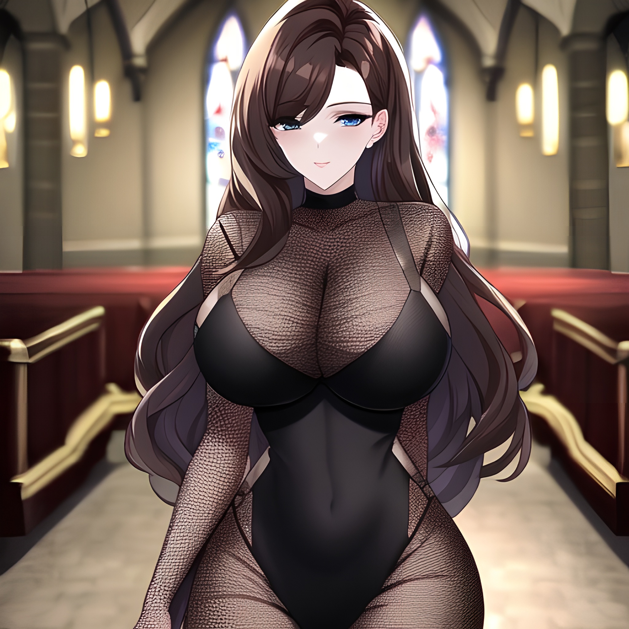 church long hair fishnet woman brunette messy hair 