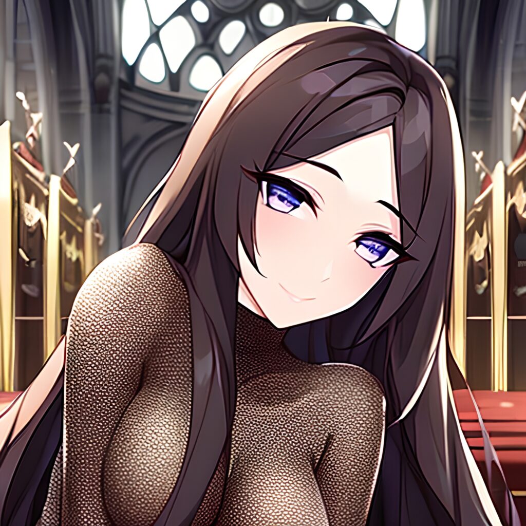 church long hair fishnet woman brunette messy hair 