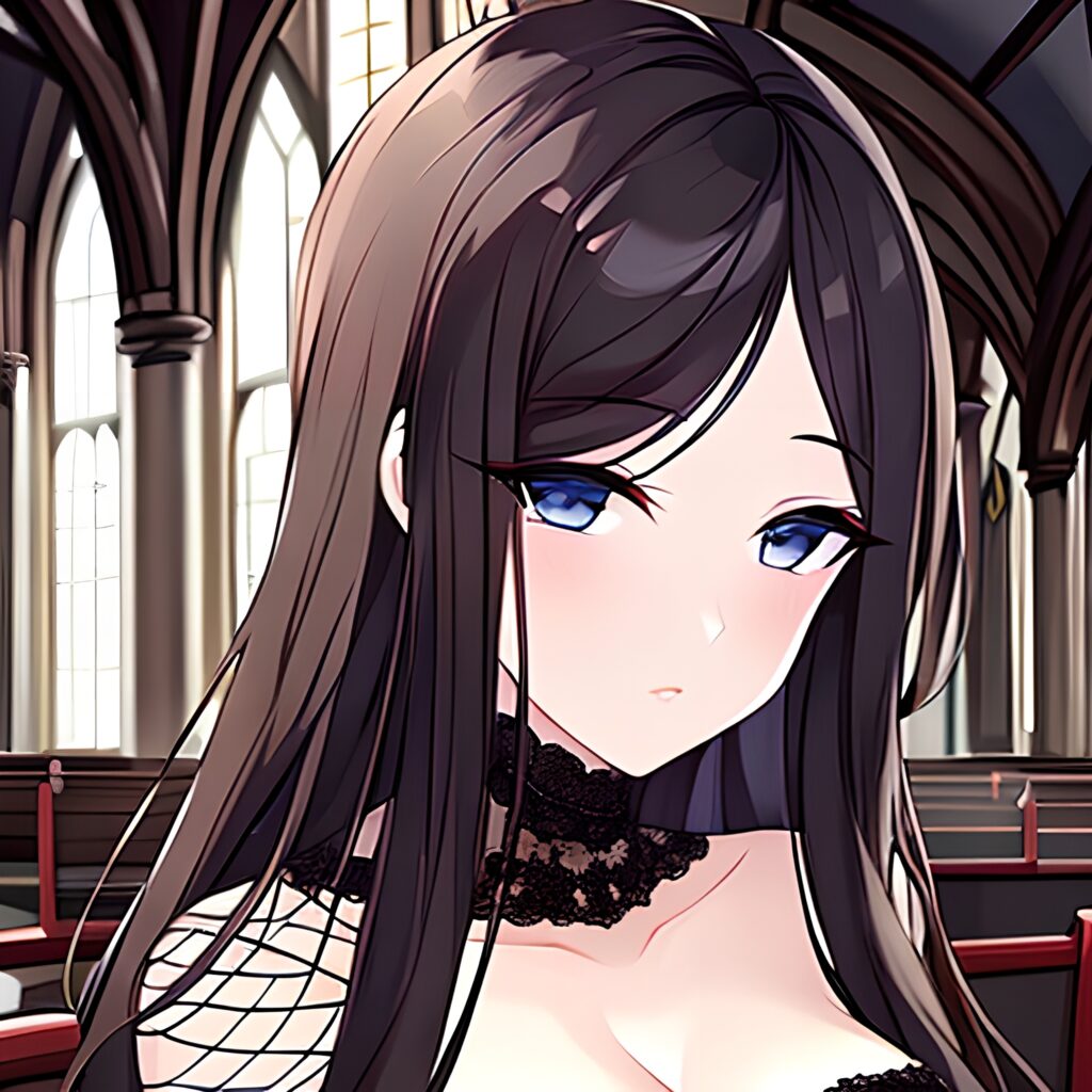 church long hair fishnet woman messy hair brunette 