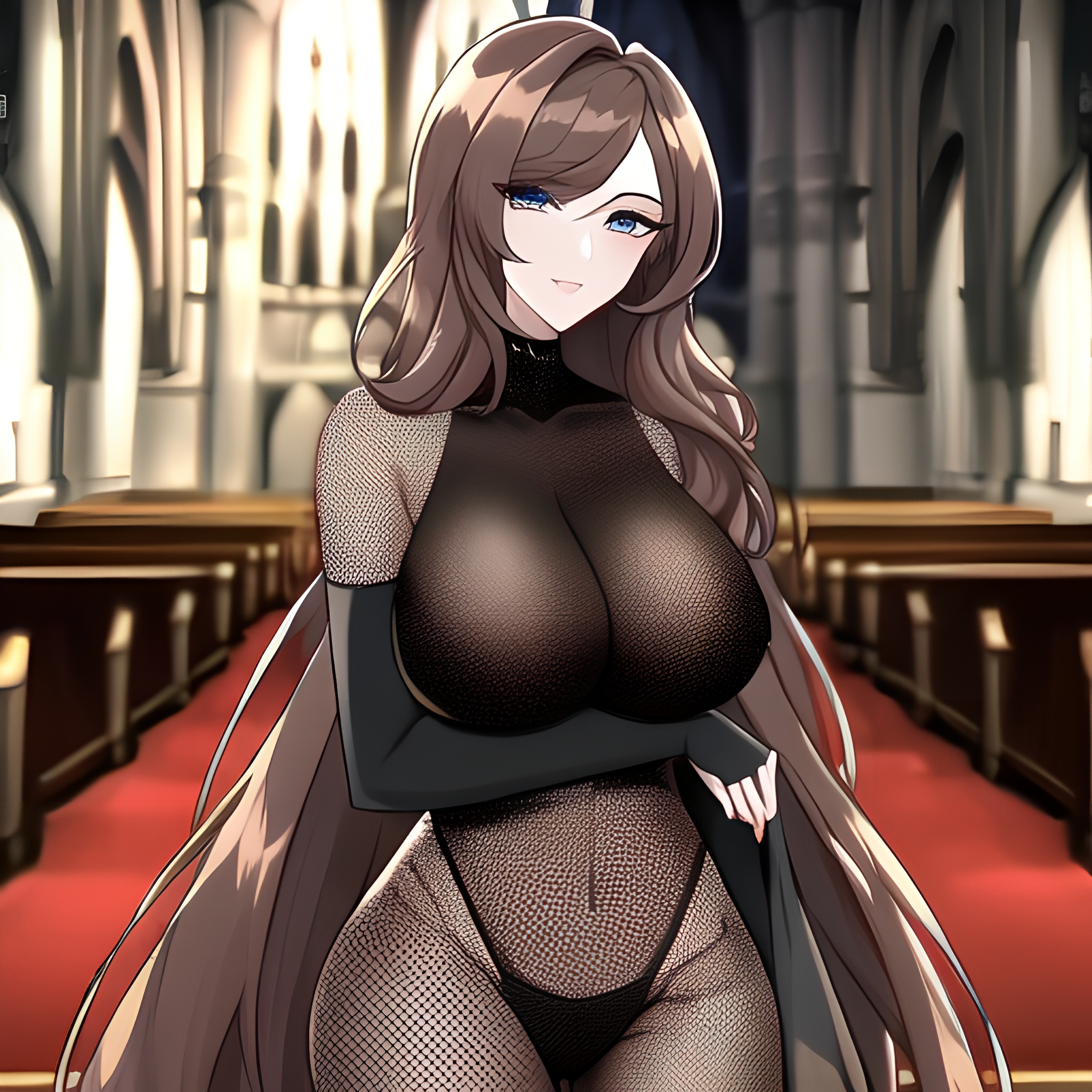 church long hair messy hair brunette woman fishnet 
