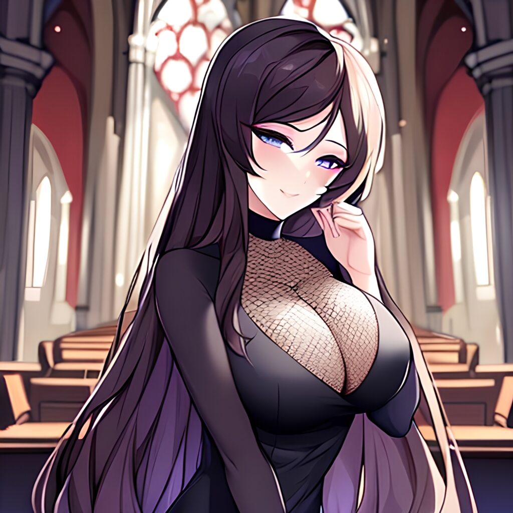 church long hair messy hair brunette woman fishnet