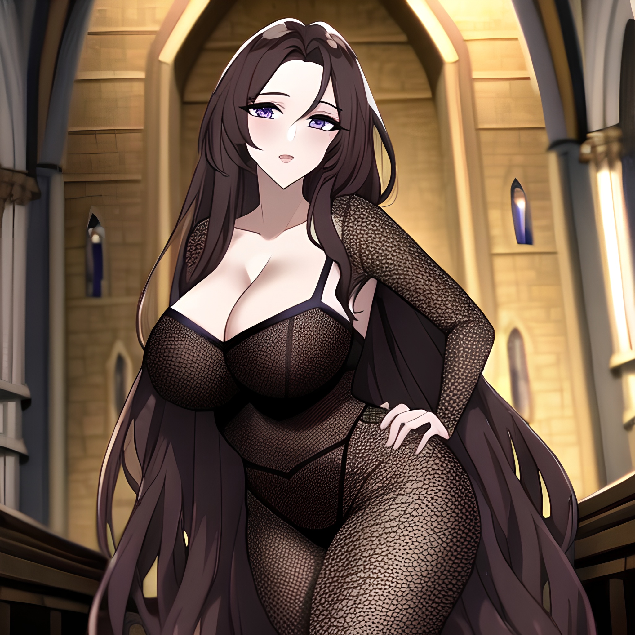 church long hair messy hair fishnet woman brunette 