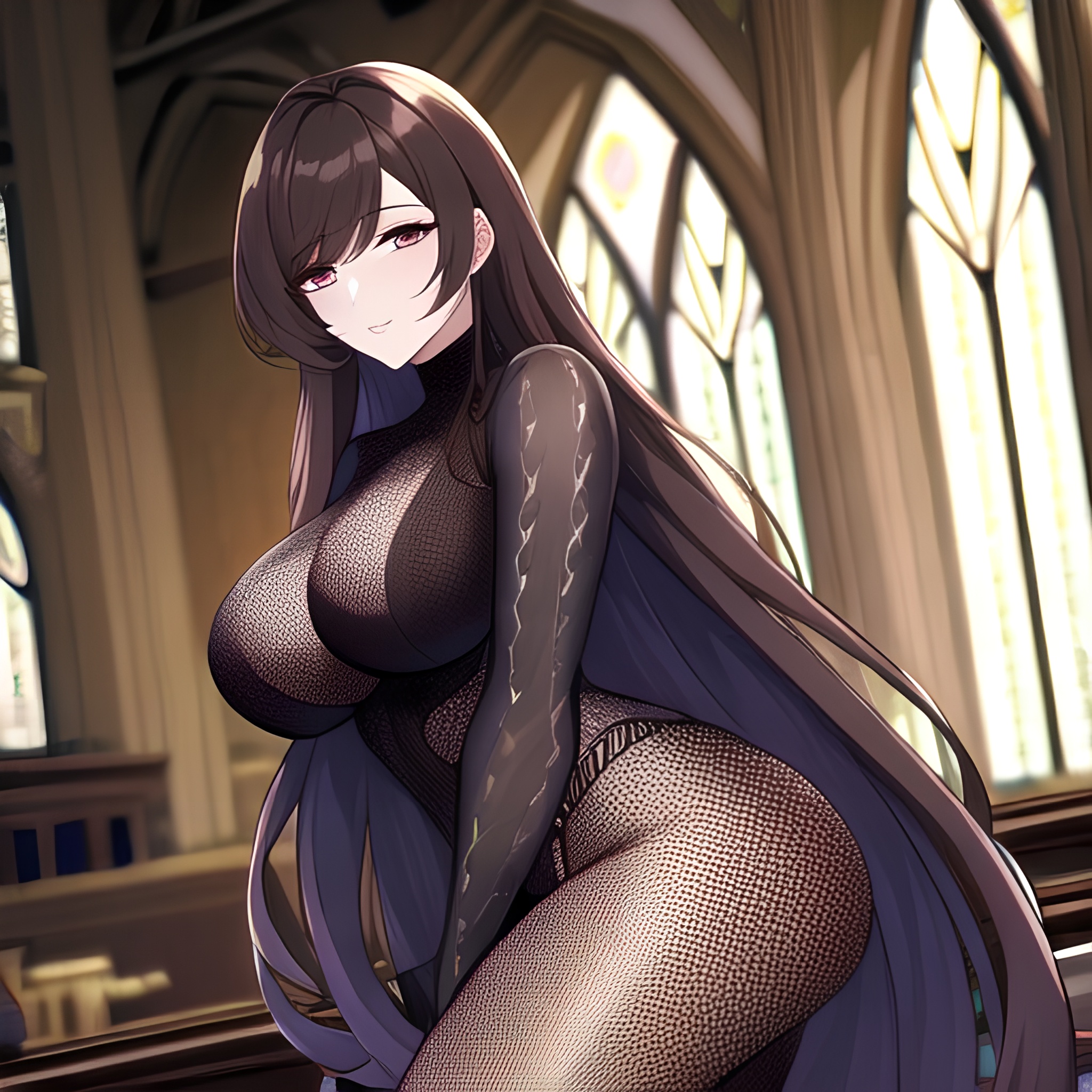 church long hair messy hair woman brunette fishnet 