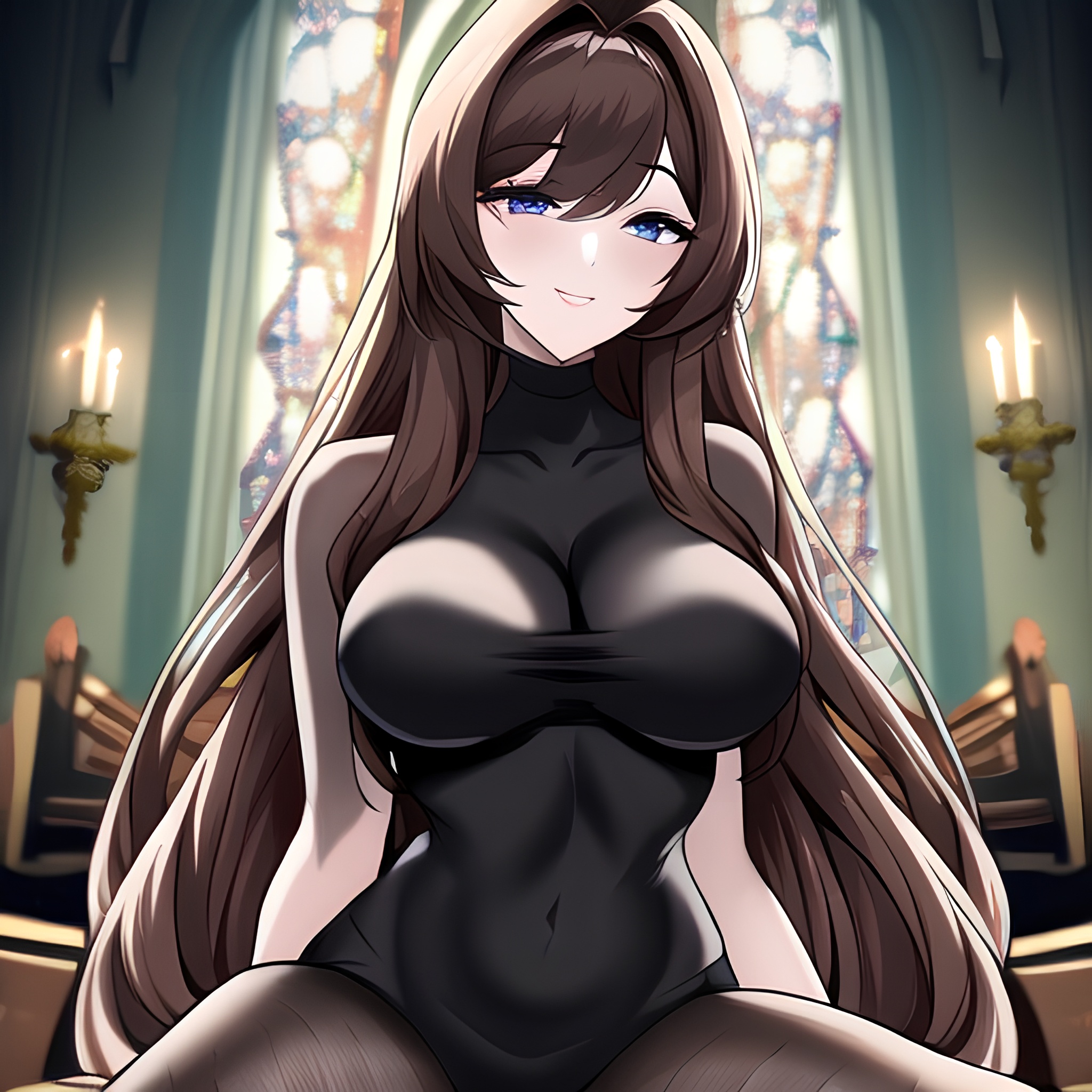 church long hair messy hair woman fishnet brunette