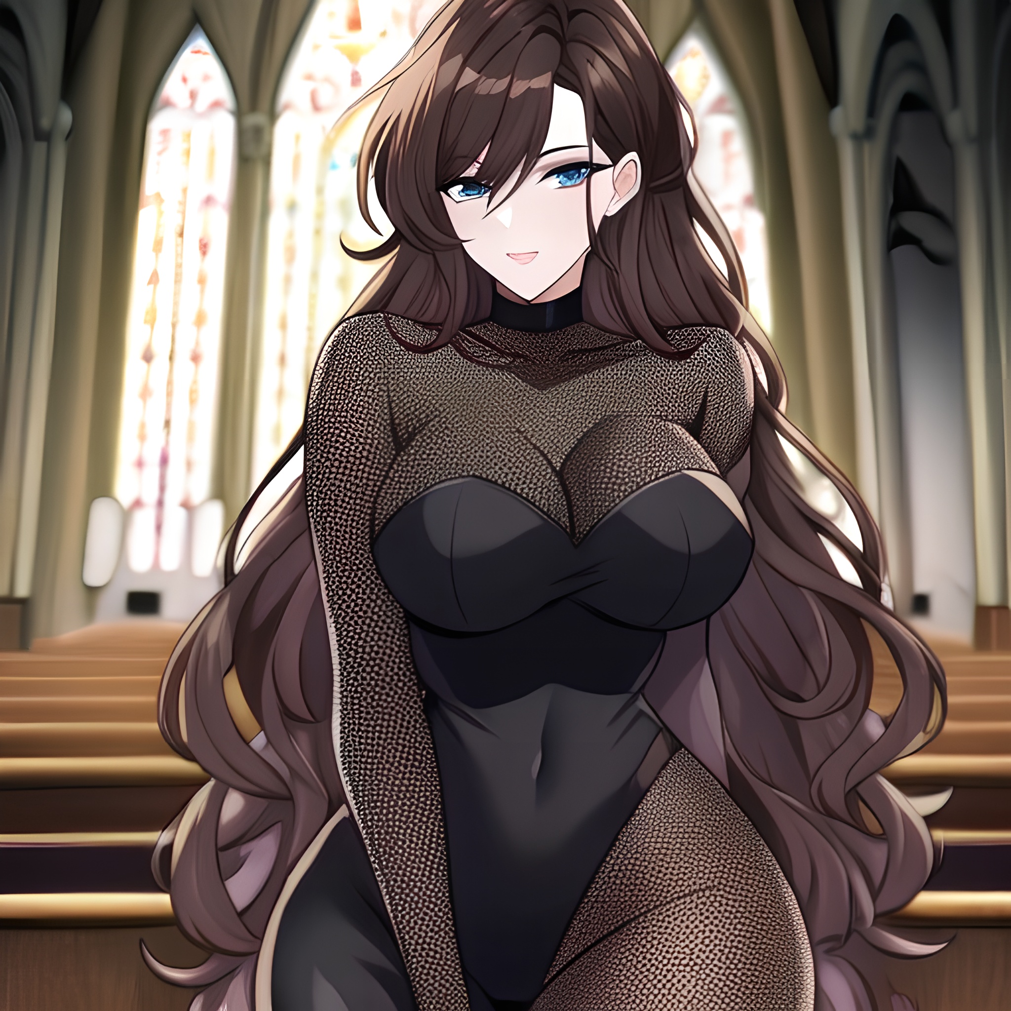 church long hair woman brunette messy hair fishnet