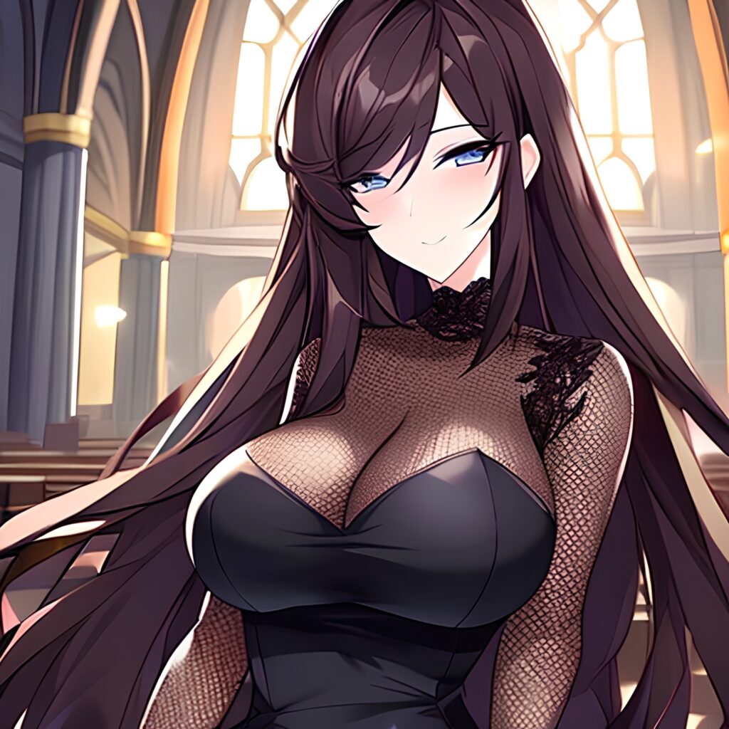 church long hair woman brunette messy hair fishnet 