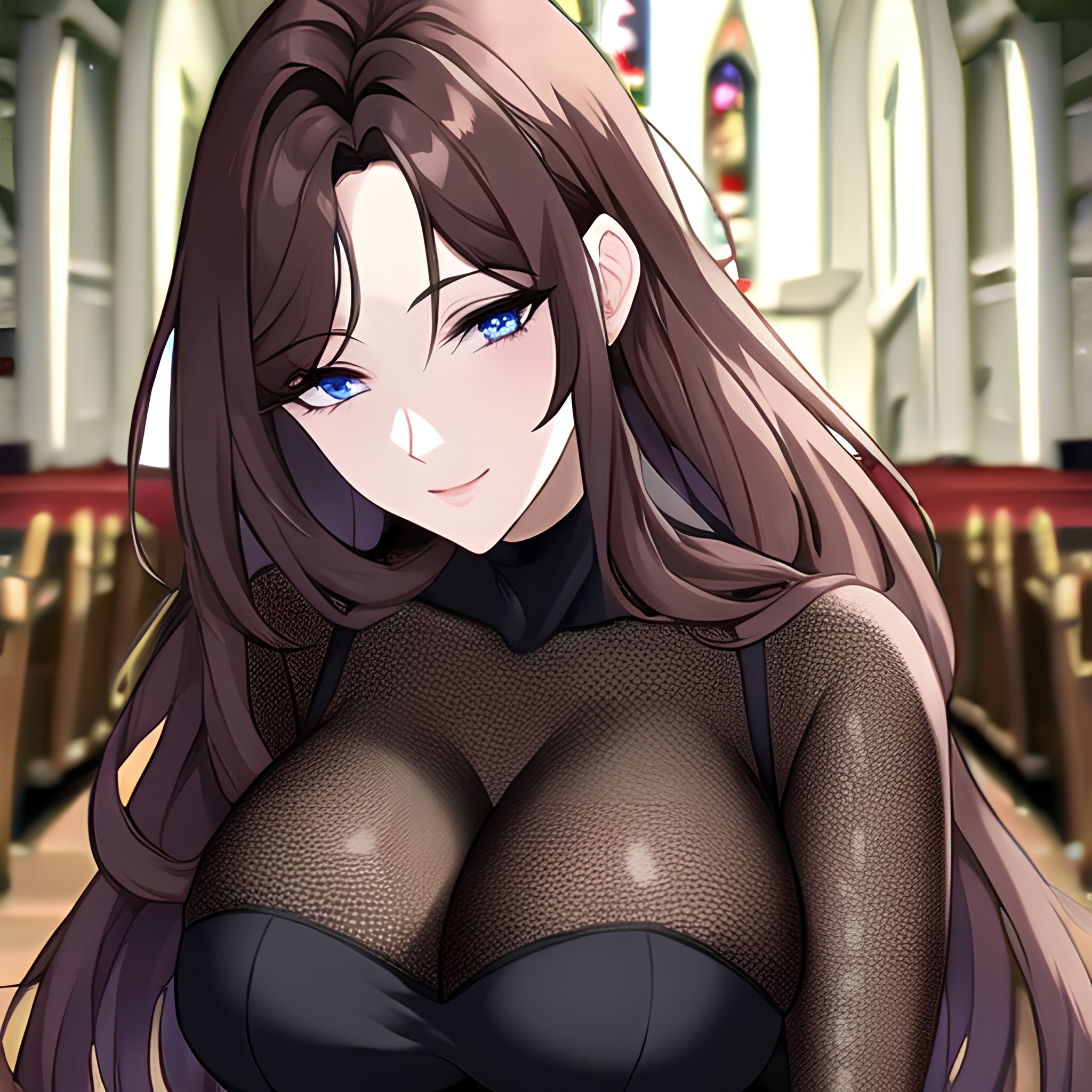 church long hair woman brunette messy hair fishnet 