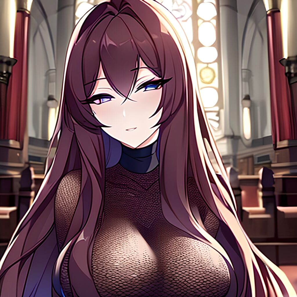 church long hair woman fishnet brunette messy hair