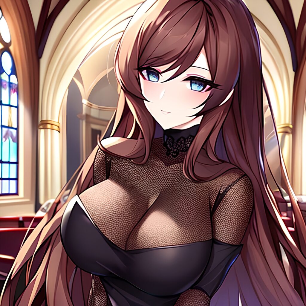 church long hair woman fishnet brunette messy hair 