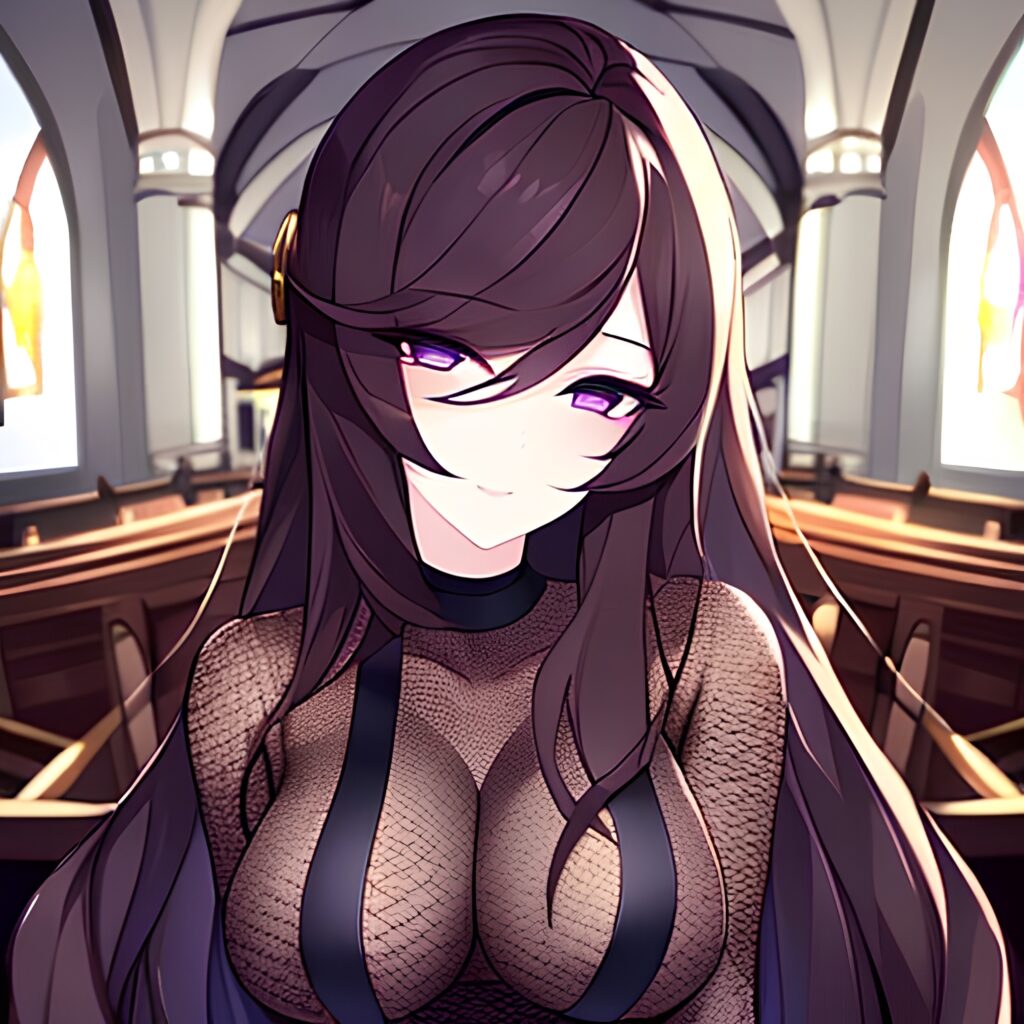 church long hair woman fishnet brunette messy hair
