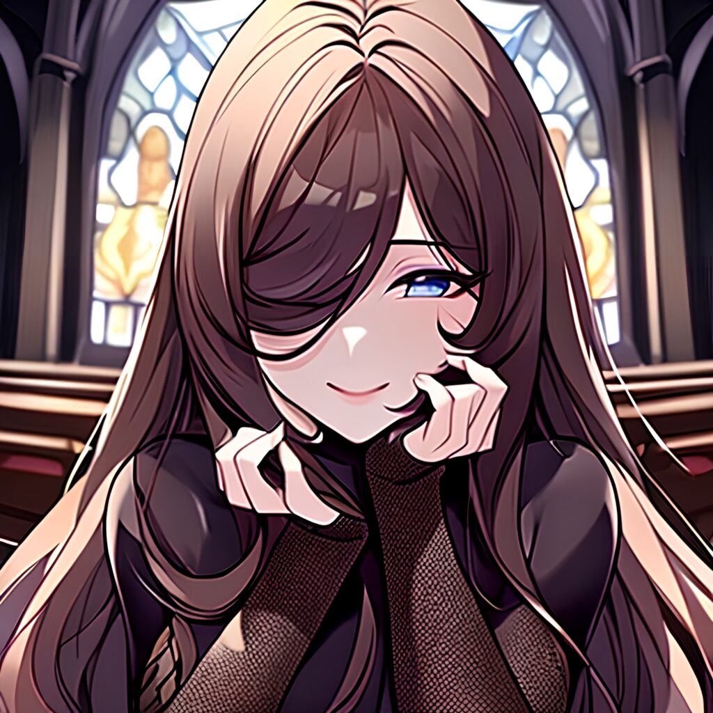 church long hair woman fishnet messy hair brunette 