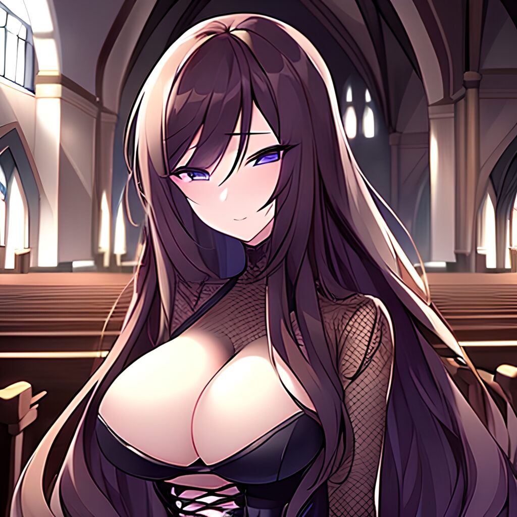 church long hair woman fishnet messy hair brunette