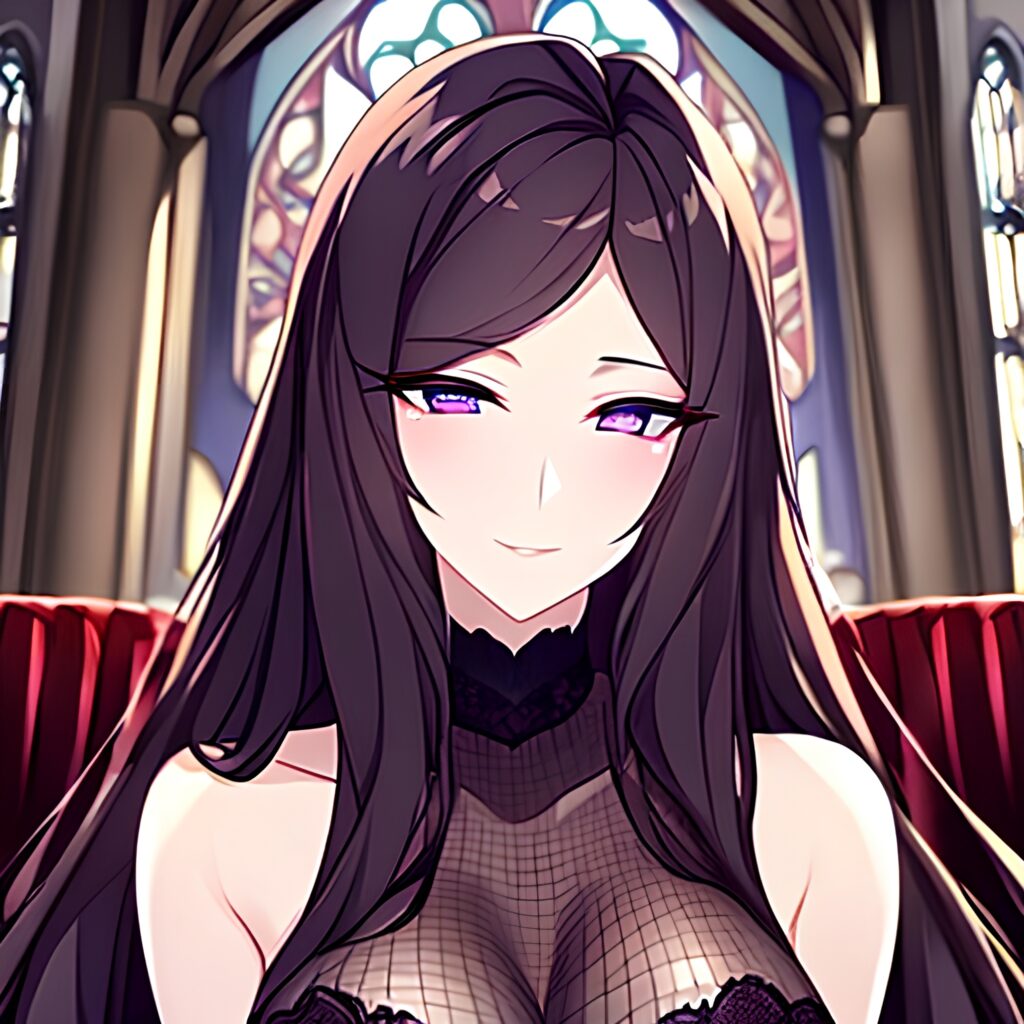 church long hair woman fishnet messy hair brunette