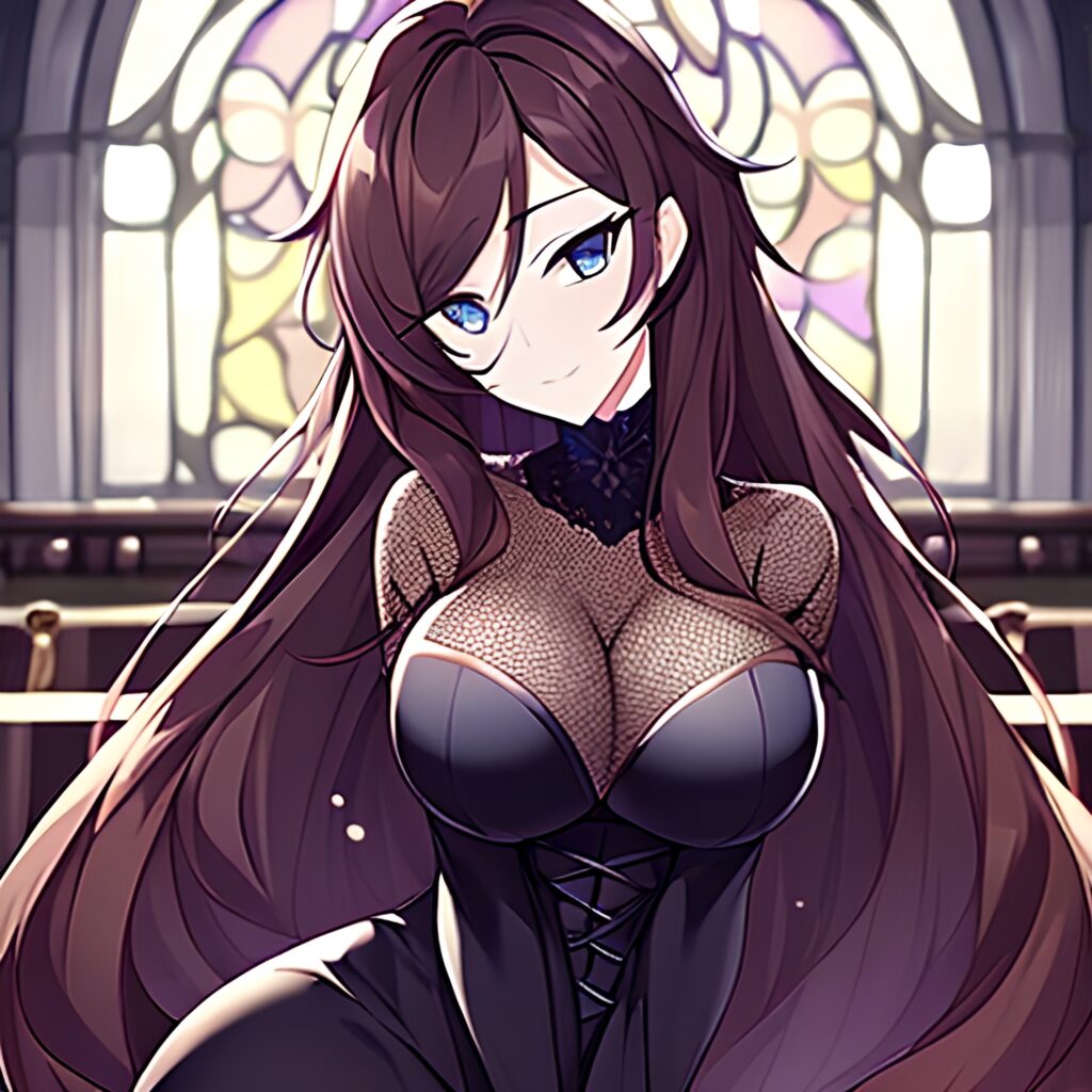 church long hair woman fishnet messy hair brunette 