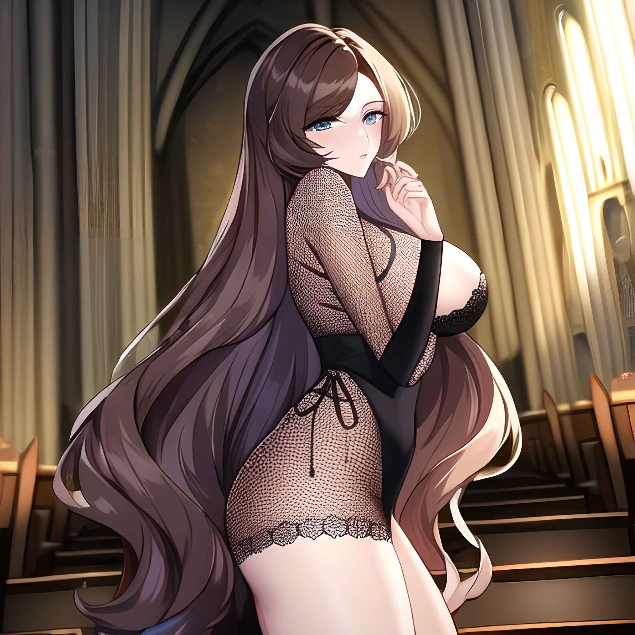 church long hair woman fishnet messy hair brunette 
