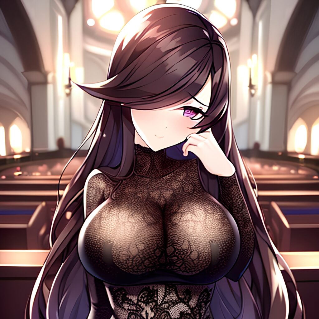 church long hair woman fishnet messy hair brunette