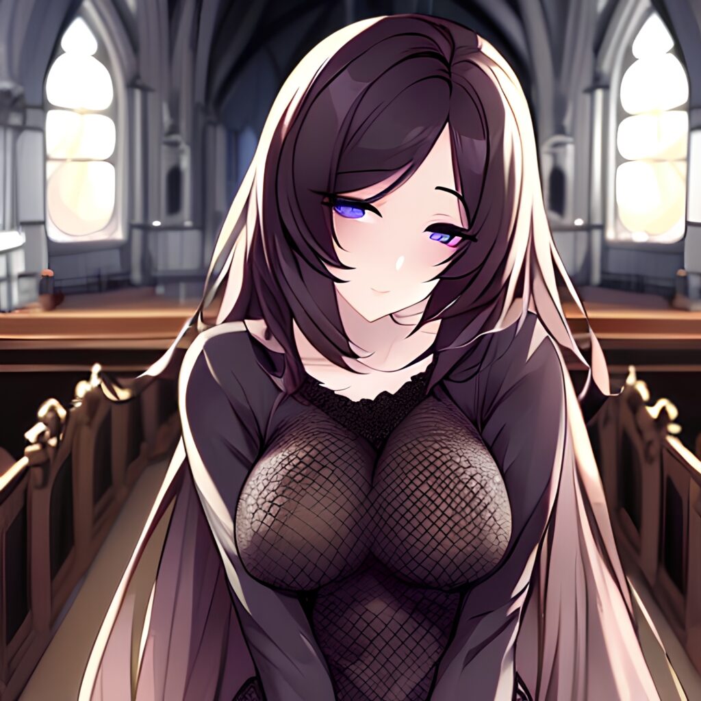 church long hair woman messy hair brunette fishnet