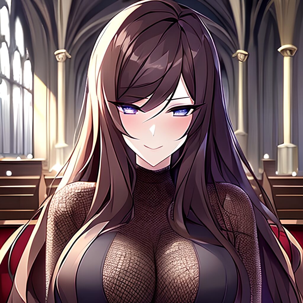 church long hair woman messy hair brunette fishnet