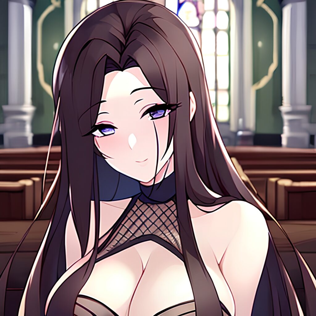 church long hair woman messy hair brunette fishnet