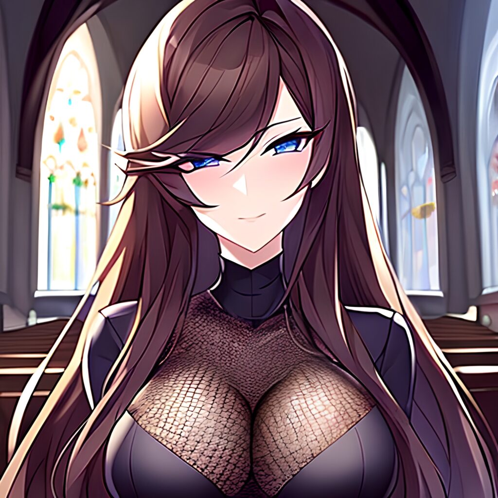 church long hair woman messy hair brunette fishnet 