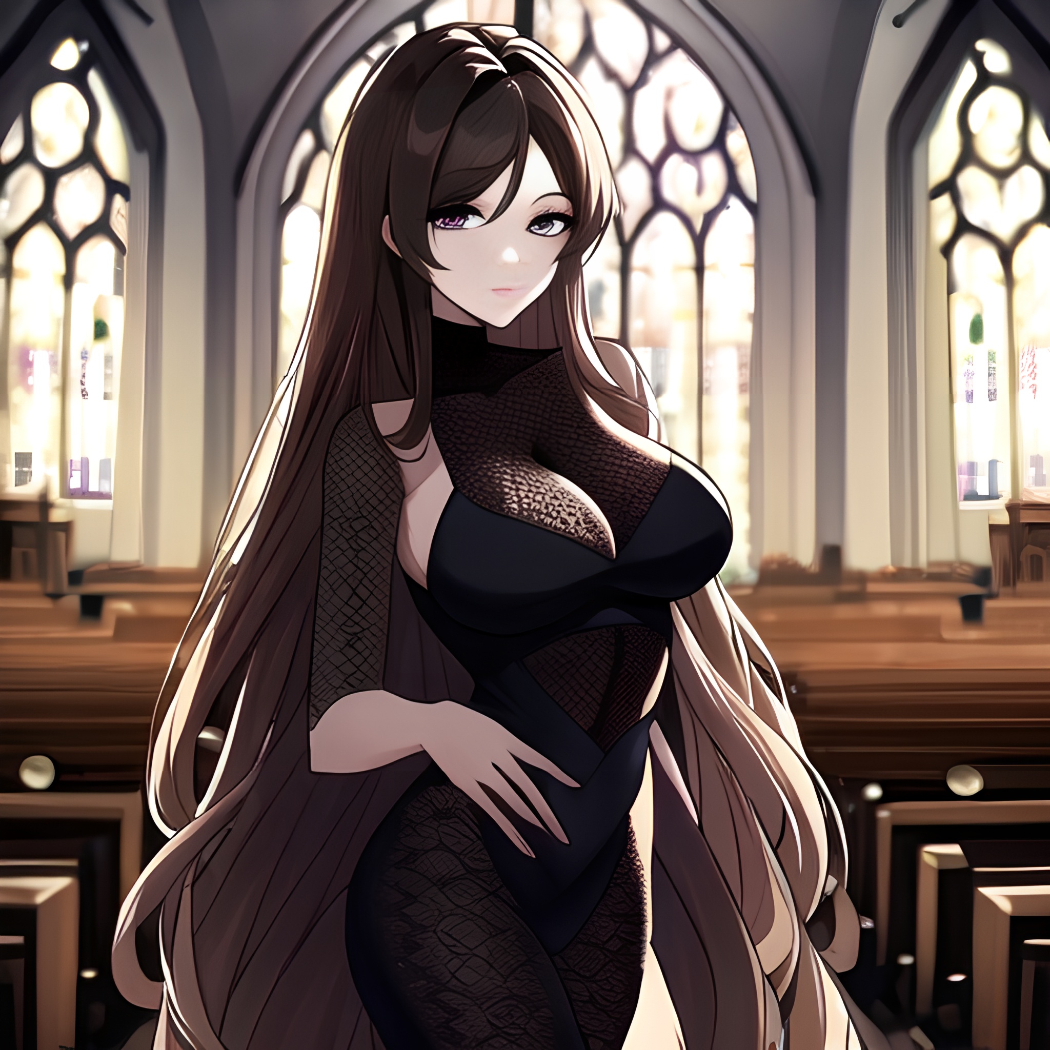 church long hair woman messy hair fishnet brunette 