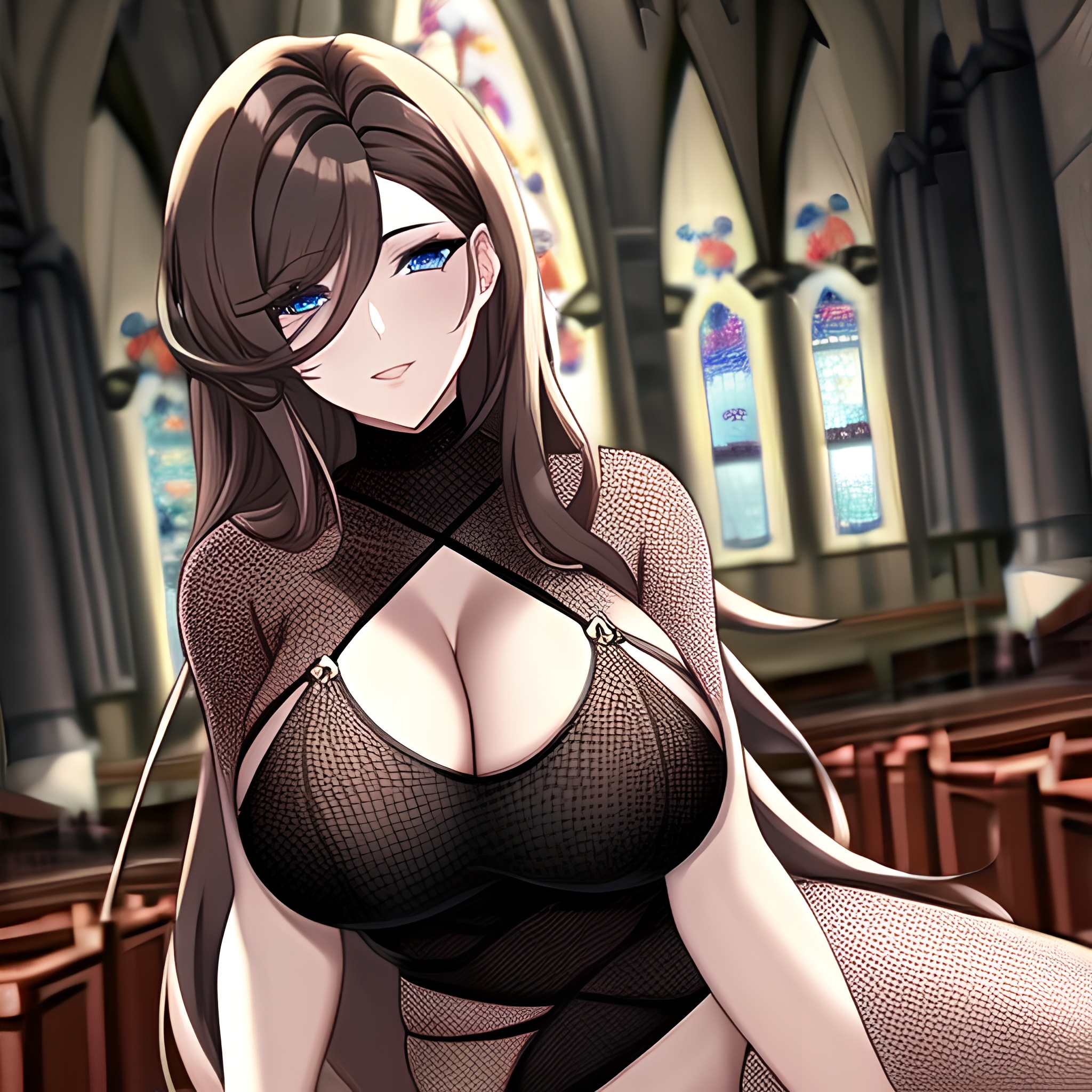 church long hair woman messy hair fishnet brunette 