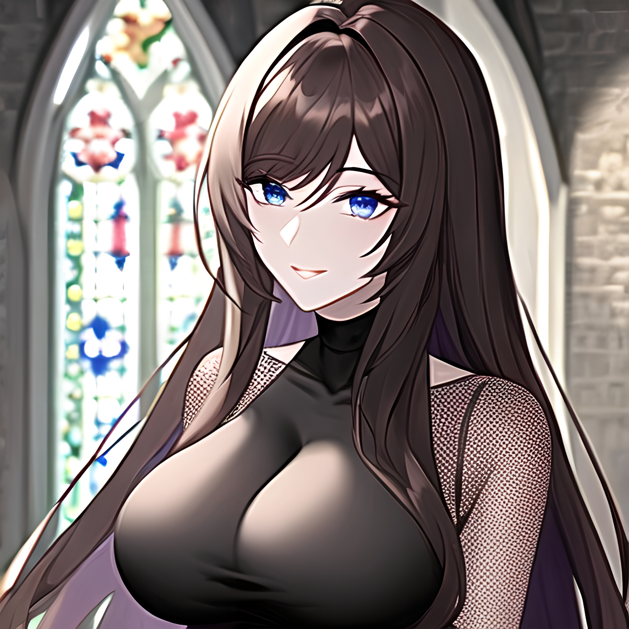 church long hair woman messy hair fishnet brunette