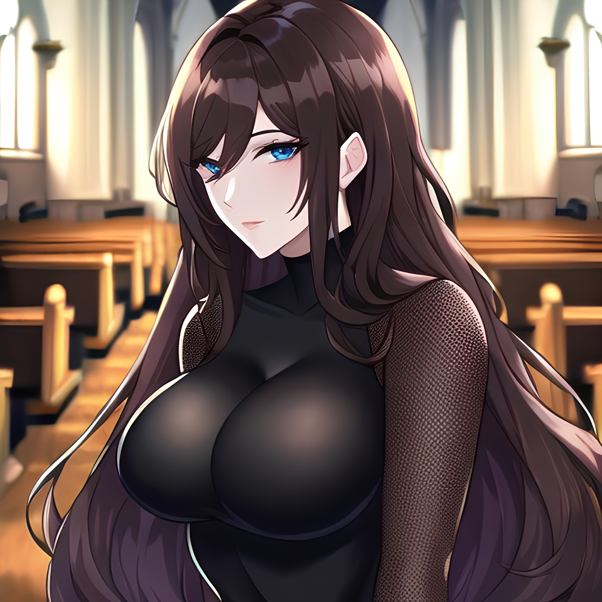 church messy hair brunette fishnet woman long hair 