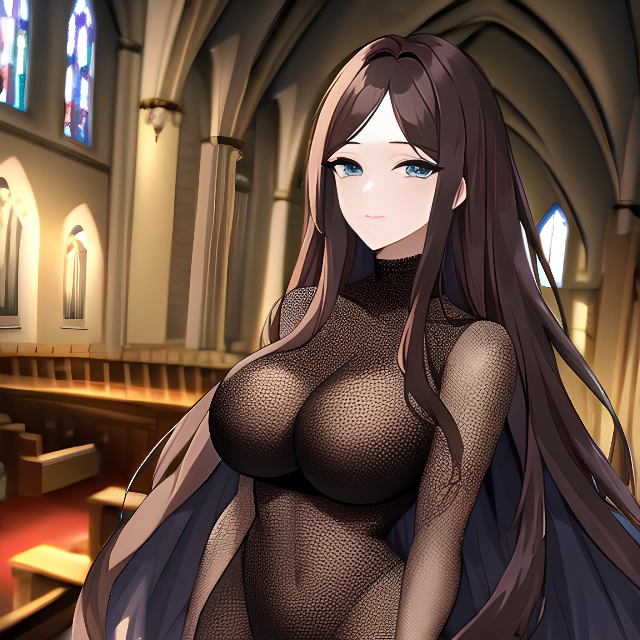 church messy hair brunette fishnet woman long hair 