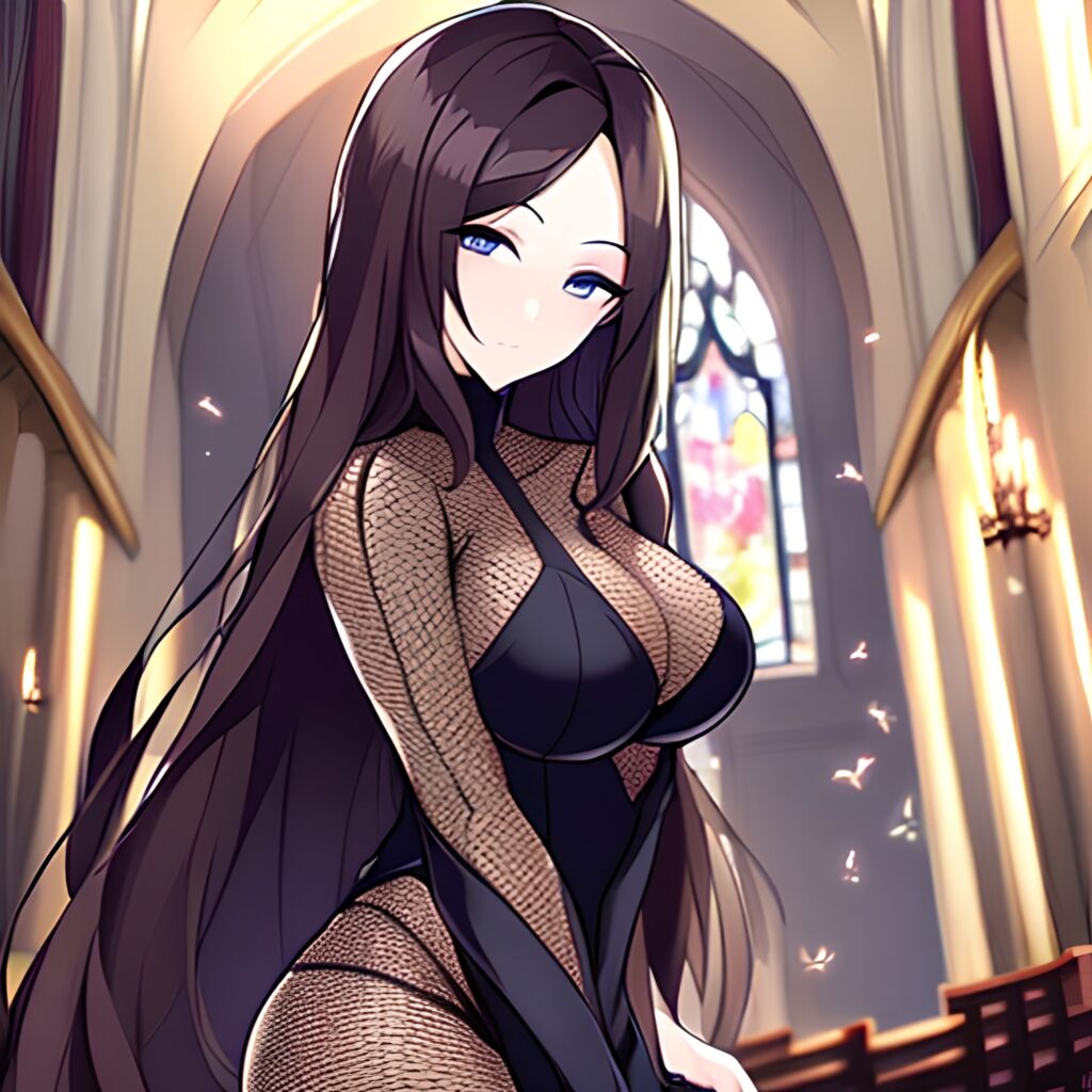 church messy hair brunette long hair fishnet woman 