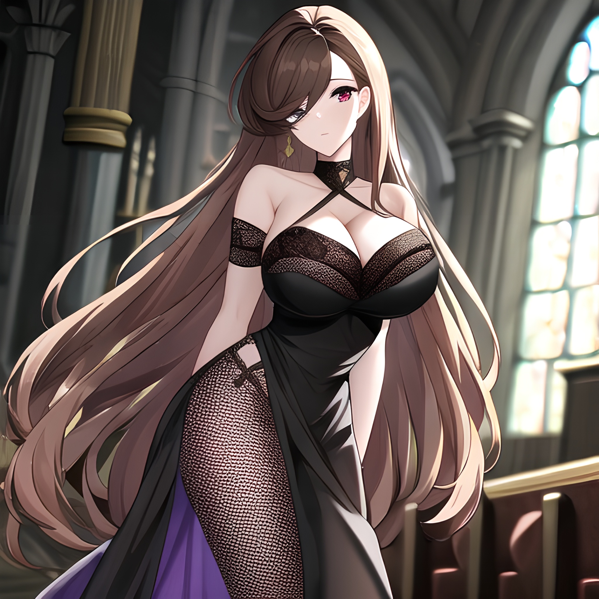 church messy hair brunette long hair fishnet woman 