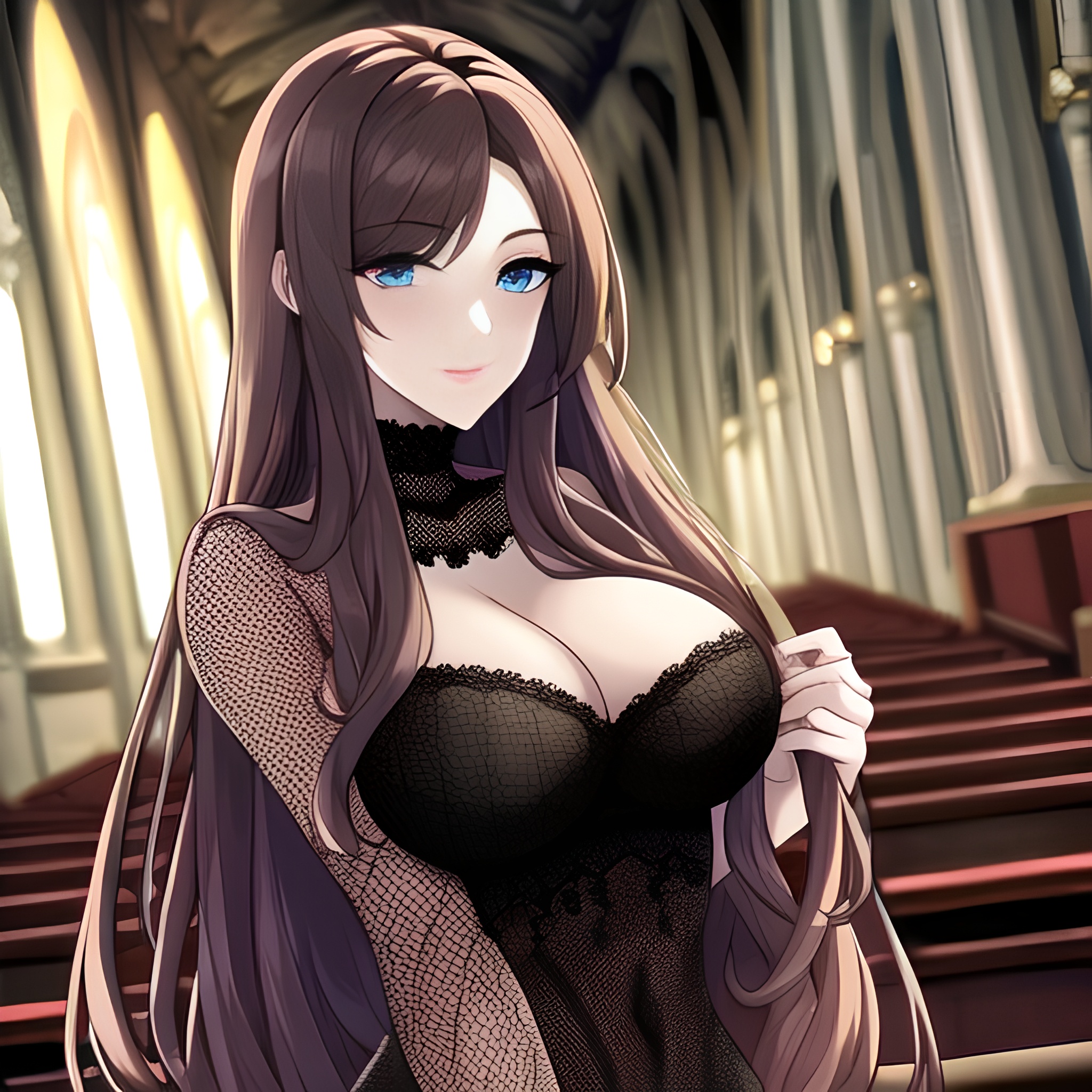 church messy hair brunette long hair fishnet woman 