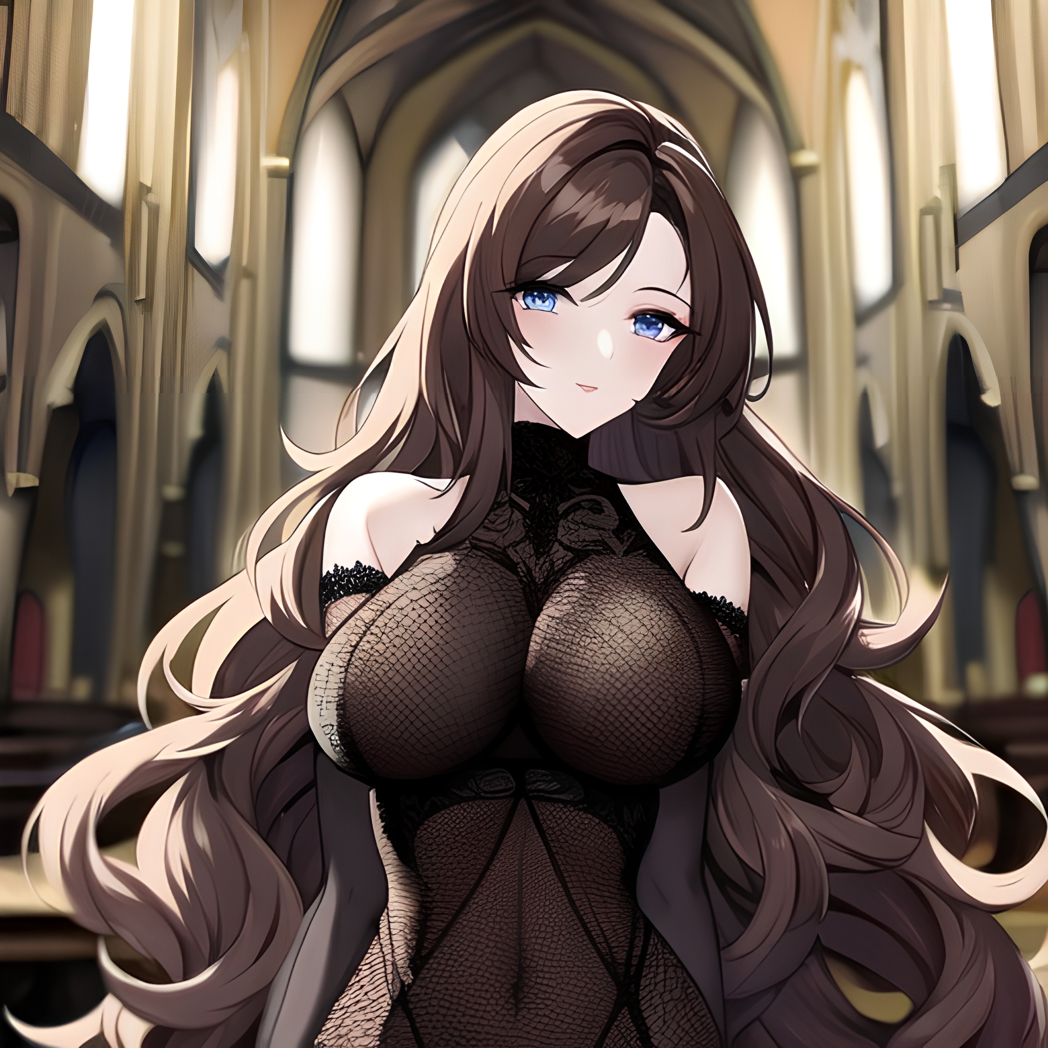 church messy hair brunette long hair fishnet woman