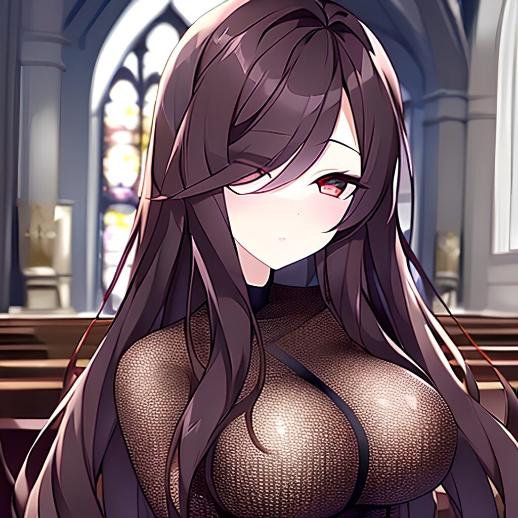 church messy hair brunette long hair woman fishnet 
