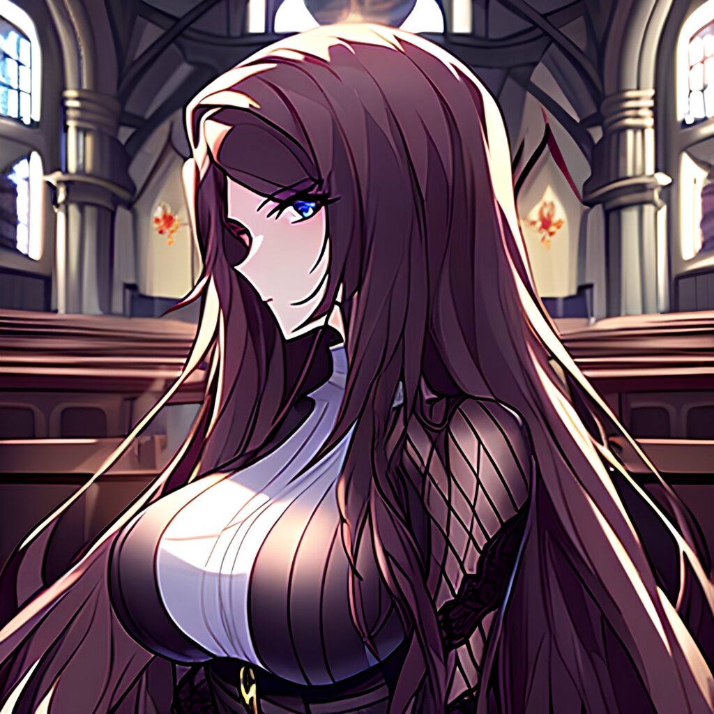 church messy hair brunette long hair woman fishnet 
