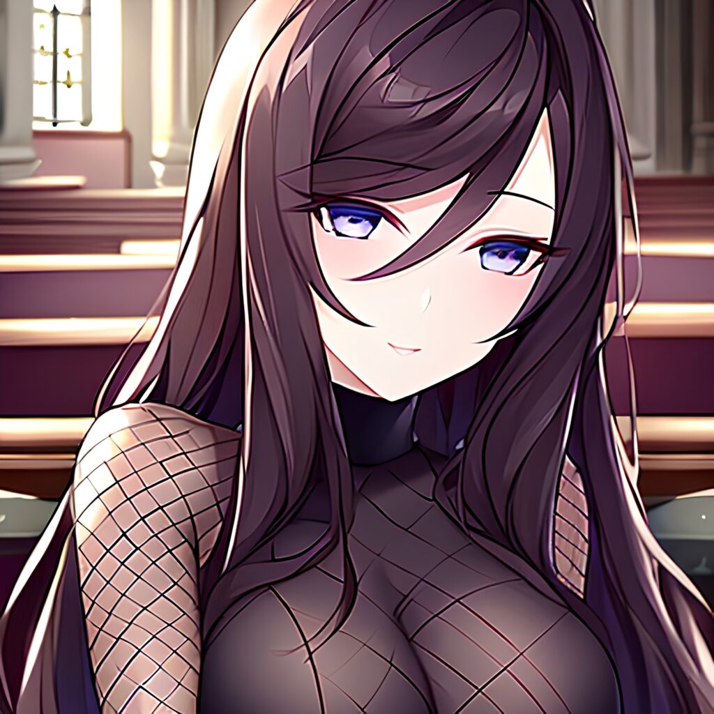 church messy hair brunette long hair woman fishnet 