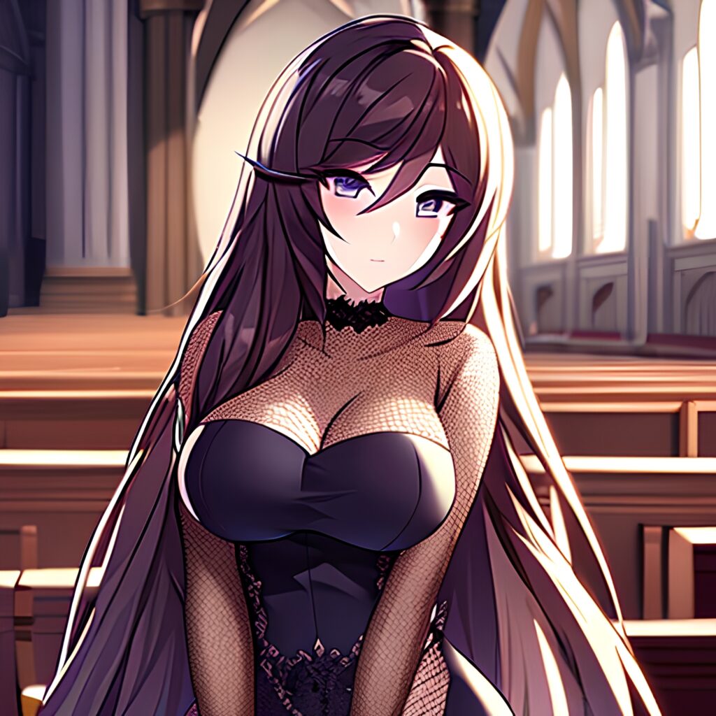 church messy hair brunette long hair woman fishnet