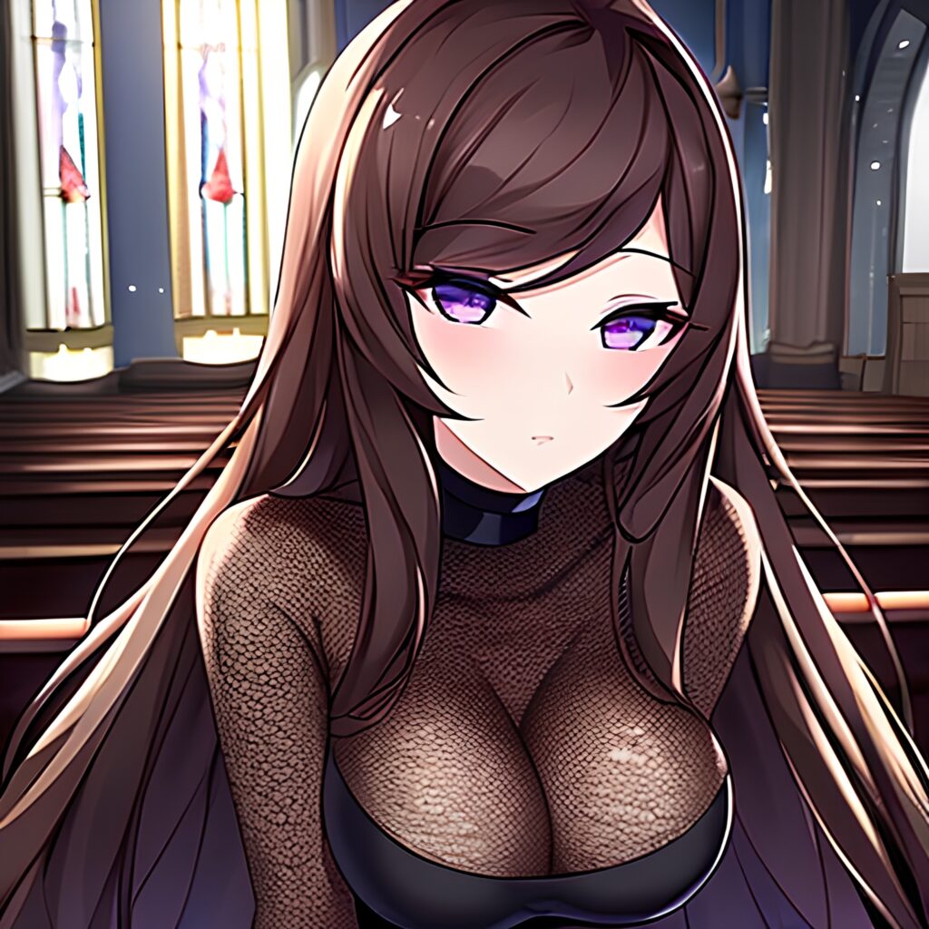 church messy hair brunette long hair woman fishnet 