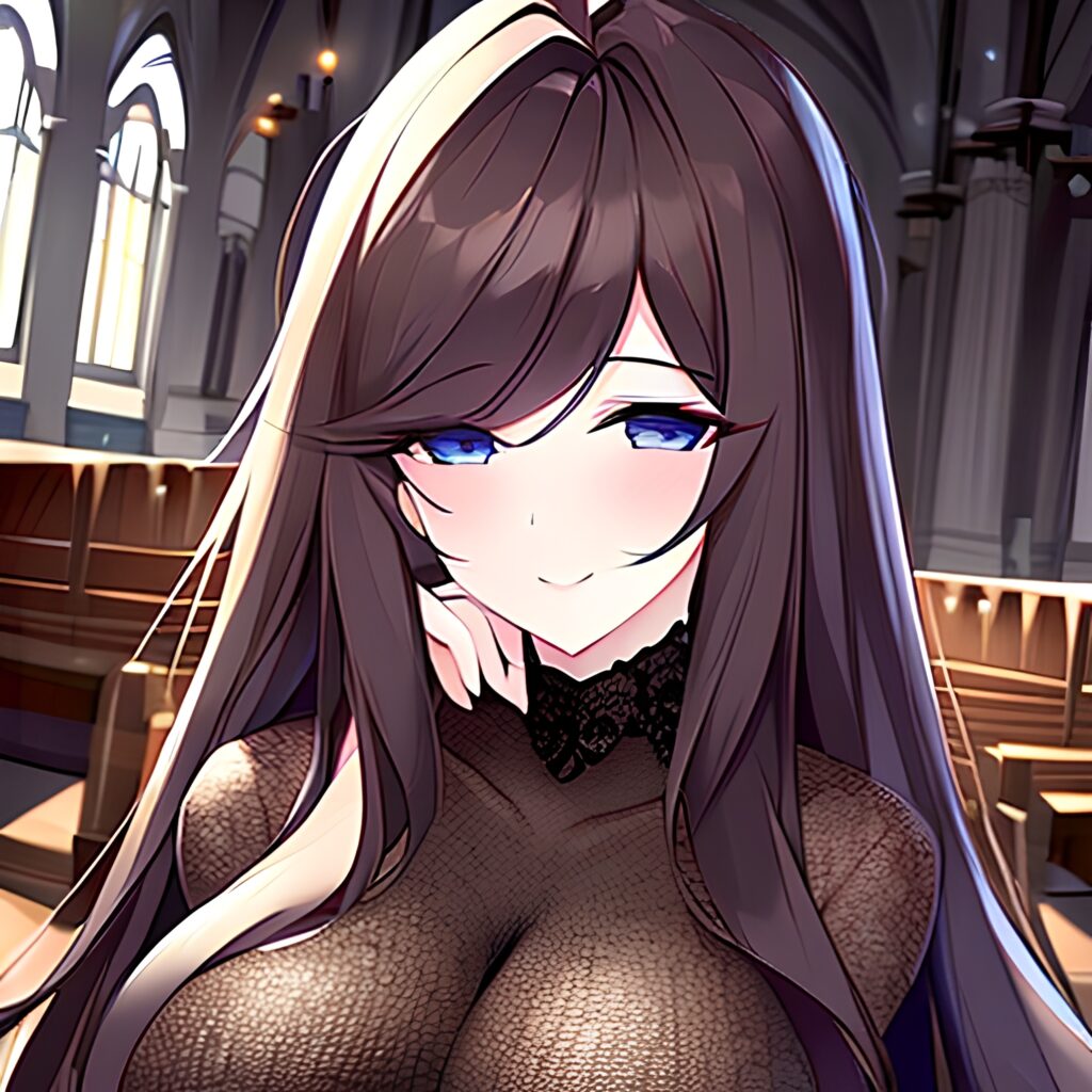 church messy hair brunette woman long hair fishnet 