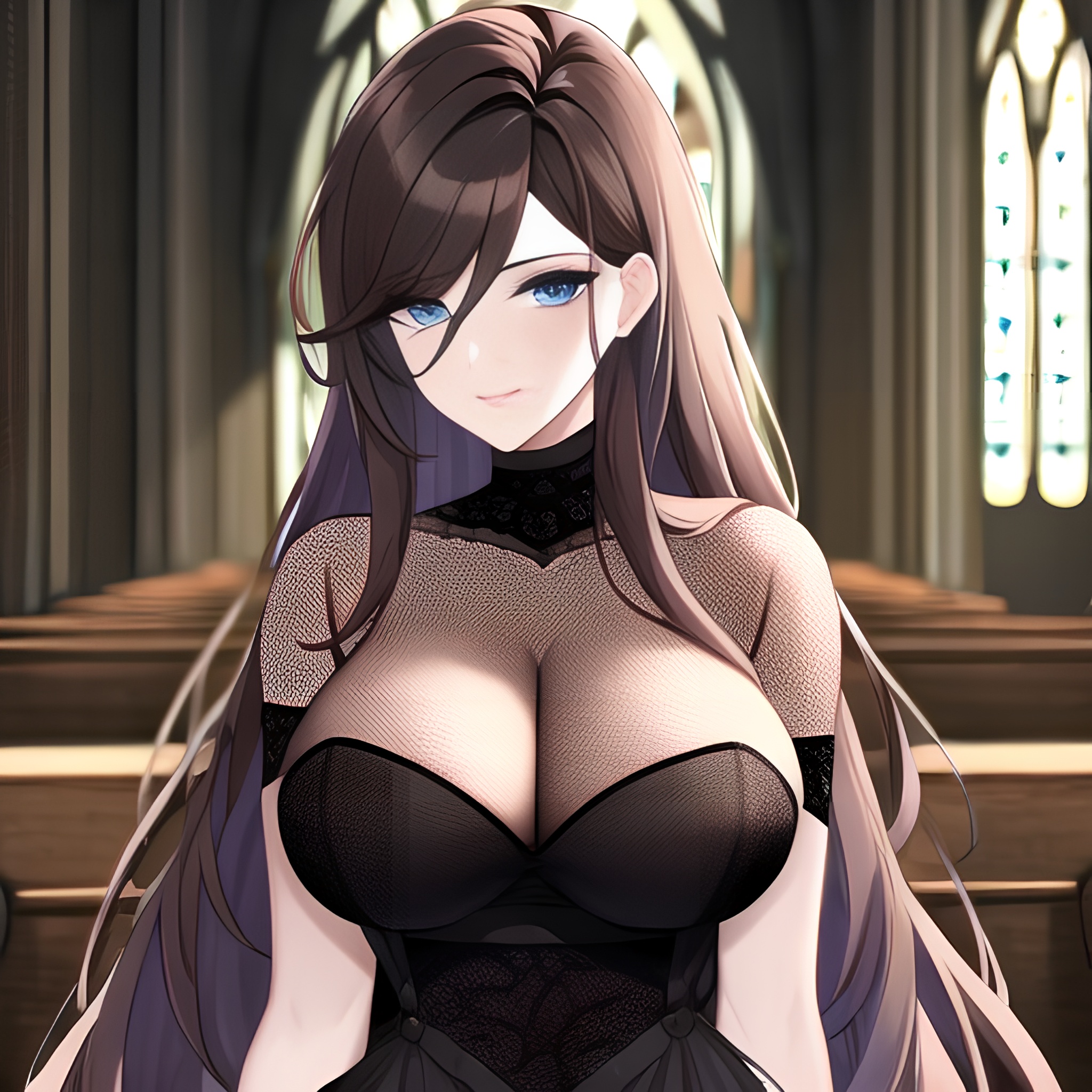 church messy hair brunette woman long hair fishnet 